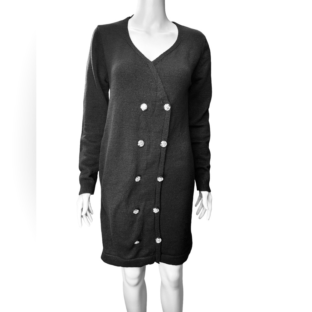 Black Double-Breasted Sweater Dress Long Sleeves Large SHEIN